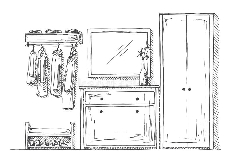 Furniture in the hallway. Chest of drawers, wardrobe, hanger, mirror and decoration. Vector illustration in sketch style royalty free illustration